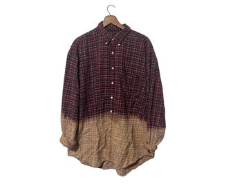 Half Bleached Flannel Shirt Dip Dyed Ombre Red Plaid Mens XL Cotton Flannel Distressed Grunge Style
