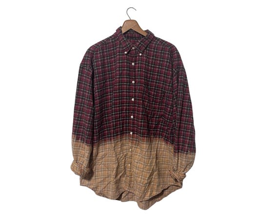 Half Bleached Flannel Shirt Dip Dyed Ombre Red Plaid Mens XL Cotton Flannel Distressed Grunge Style