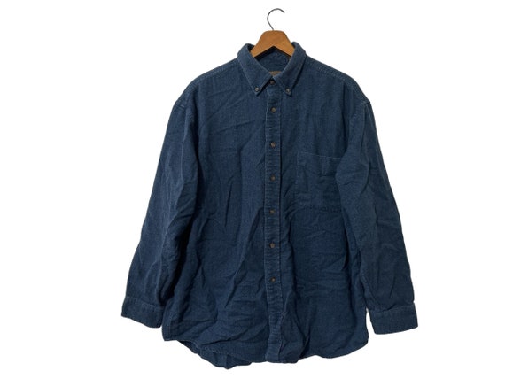 Mens Dark Blue Cotton Flannel Shirt Button Down Long Sleeve Pocket Solid Denim Blue Chevron Weave Size Large