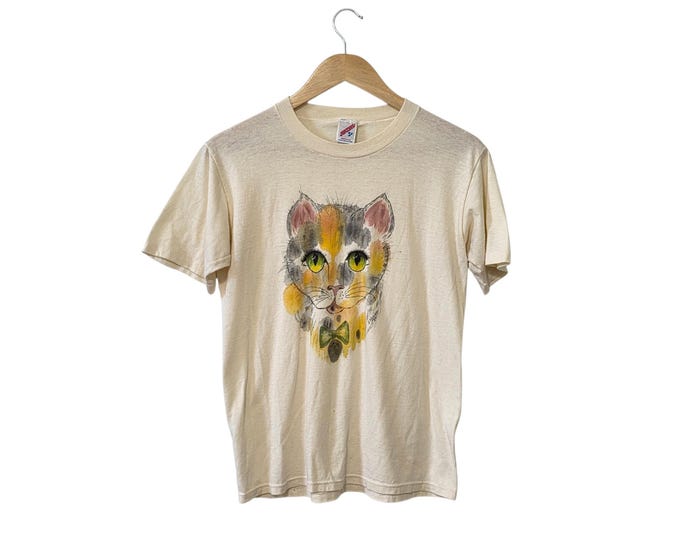 80s Watercolor Cat Calico Kitten Portrait Cream T Shirt Vintage Jerzees Graphic Tee Unisex Medium