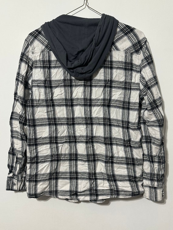 Hooded Flannel Shirt Black + White Plaid Flannel … - image 2