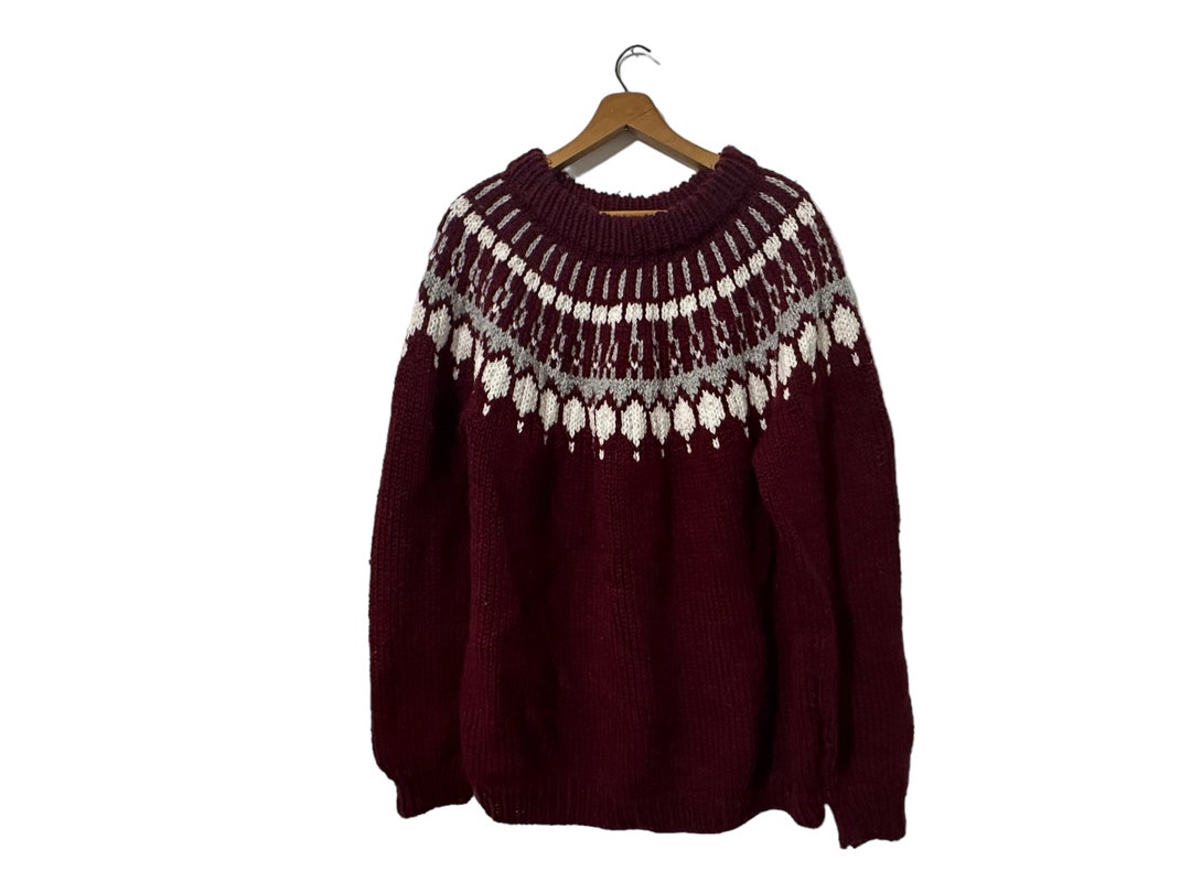 Vintage Burgundy and White Icelandic Fair Isle Knit Pullover Sweater ...