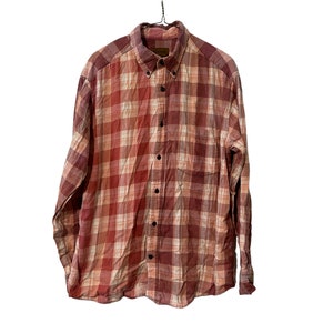 Rusty Pink Dyed Sun Bleached Flannel Shirt Cotton Plaid Long Sleeve Size Large