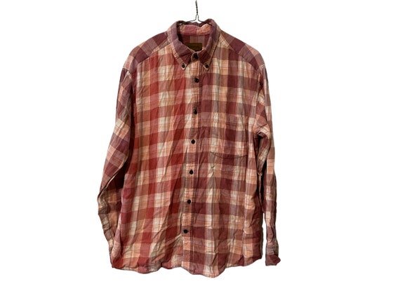 Rusty Pink Dyed Sun Bleached Flannel Shirt Cotton Plaid Long Sleeve Size Large