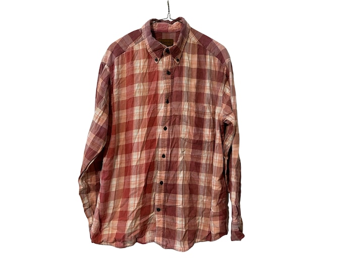 Rusty Pink Dyed Sun Bleached Flannel Shirt Cotton Plaid Long Sleeve Size Large