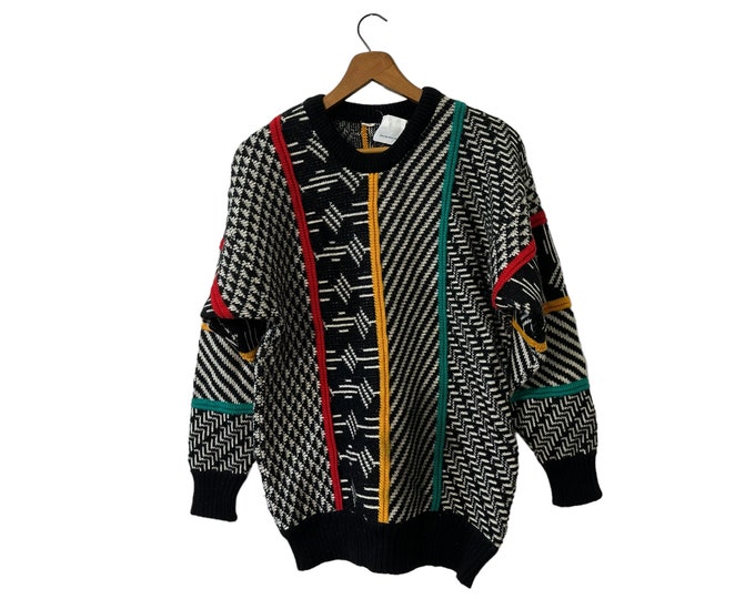 Kalaroo Australia Geometric Patterned Vintage Wool Pullover Sweater Cosby Style Black Red Yellow White Unisex Made in Australia