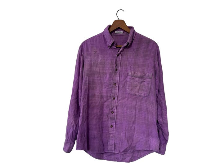 Purple Washed Distressed Grunge Flannel Shirt Hand Dyed Long Sleeve Button Up Plaid Shirt Cotton Frayed Holes Unisex Small / Medium