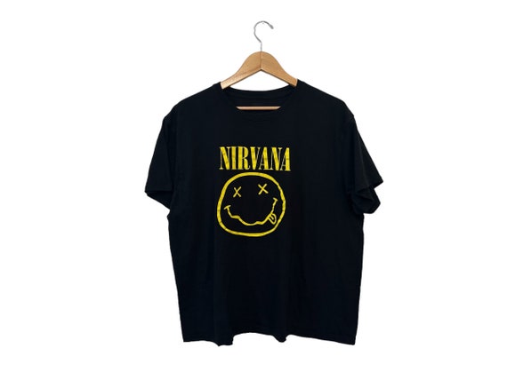 Nirvana Band Tee Kurt Cobain Grunge Band Black Cotton T-Shirt Yellow Smiley Face Graphic Adult Size 2X XXL