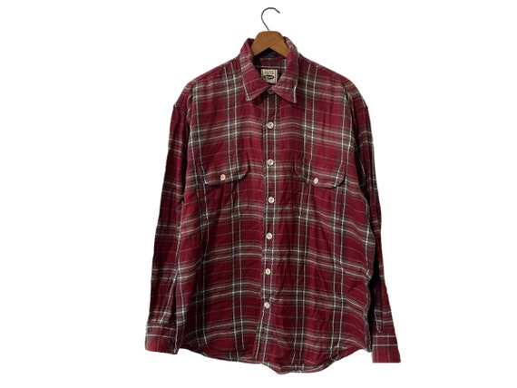 Bitteroot Red Gray Plaid Flannel Double Pique Cotton Button Down Long Sleeve Shirt with Double Pockets Men's Medium