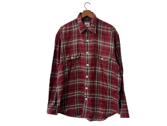 Bitteroot Red Gray Plaid Flannel Double Pique Cotton Button Down Long Sleeve Shirt with Double Pockets Men's Medium