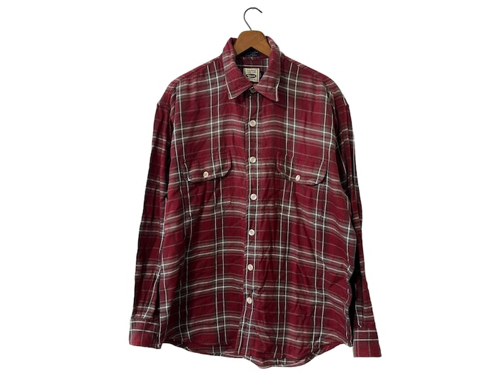 Bitteroot Red Gray Plaid Flannel Double Pique Cotton Button Down Long Sleeve Shirt with Double Pockets Men's Medium