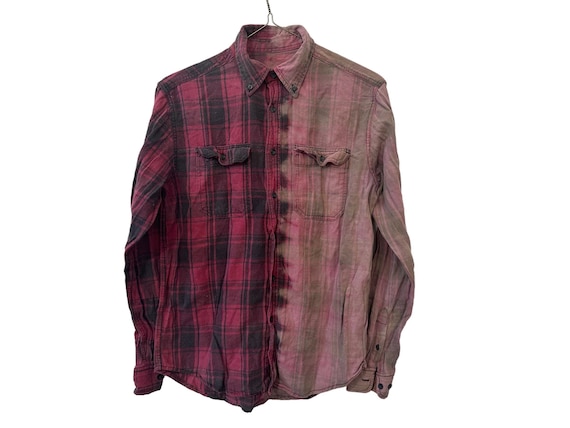 Red Rose Vertical Bleach Dyed Flannel Shirt Red Black Cotton Size Medium M