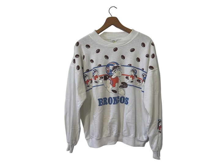 Vintage 1983 NFL Denver Broncos Horse Cartoon with Helmets Football Graphic Pullover Sweatshirt Long Sleeve White Size Large