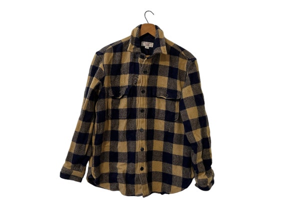 Vintage Navy & Khaki Brown Bufflao Plaid Thick Flannel Wool Blend Shacket Longsleeve Blue Tan Button Down CPO Pockets Men's Medium - Damaged