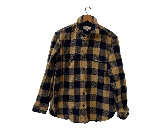 Vintage Navy & Khaki Brown Bufflao Plaid Thick Flannel Wool Blend Shacket Longsleeve Blue Tan Button Down CPO Pockets Men's Medium - Damaged