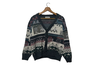 Italian Made The Gaucho Vintage Men's 80s Geometric Pattern Cardigan Sweater Button Up Grandpa Sweater Size Small