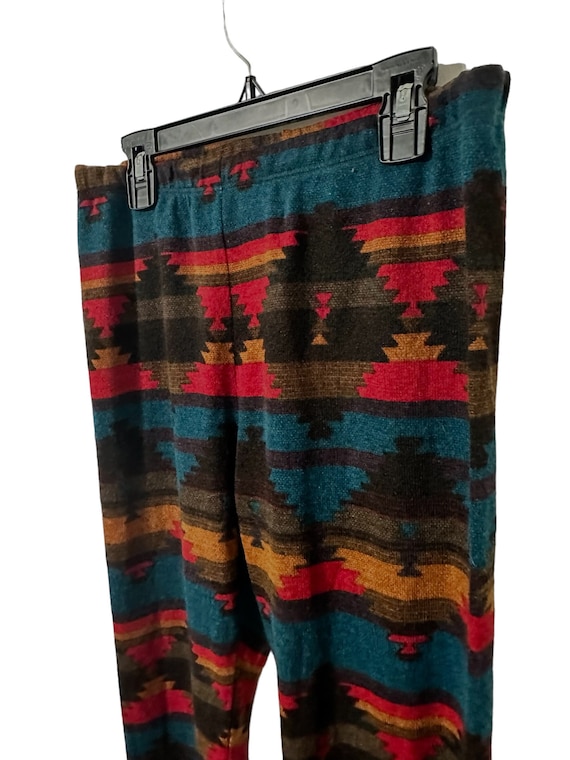 Navajo Southwestern Print Pattern Aztec Tribal Knit Stretch Leggings Red Brown Teal Orange Boho Style Womens Medium