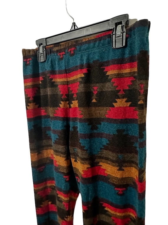 Navajo Southwestern Print Pattern Aztec Tribal Knit Stretch Leggings Red Brown Teal Orange Boho Style Womens Large