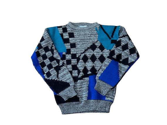 Boy's Vintage Abstract 80s 90s Patterned Pullover Sweater Teal Black White Gray Blue Long Sleeve Boy's Medium (10-12)