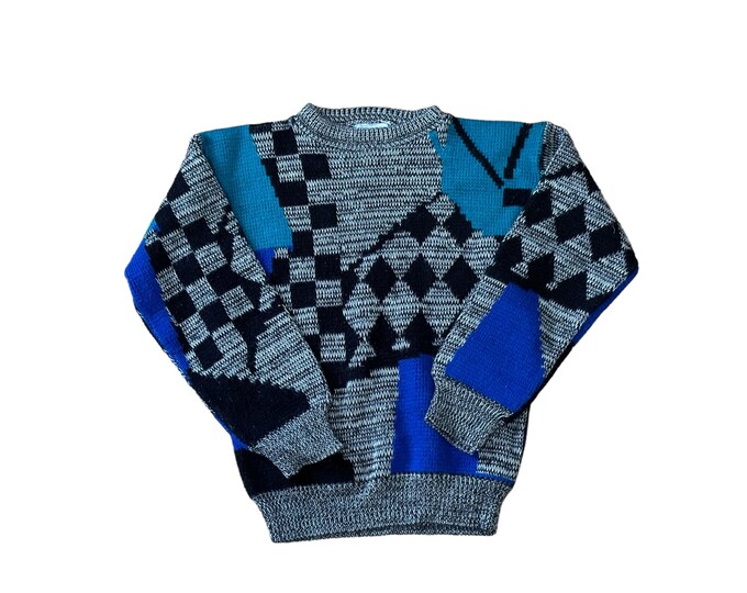 Boy's Vintage Abstract 80s 90s Patterned Pullover Sweater Teal Black White Gray Blue Long Sleeve Boy's Medium (10-12)