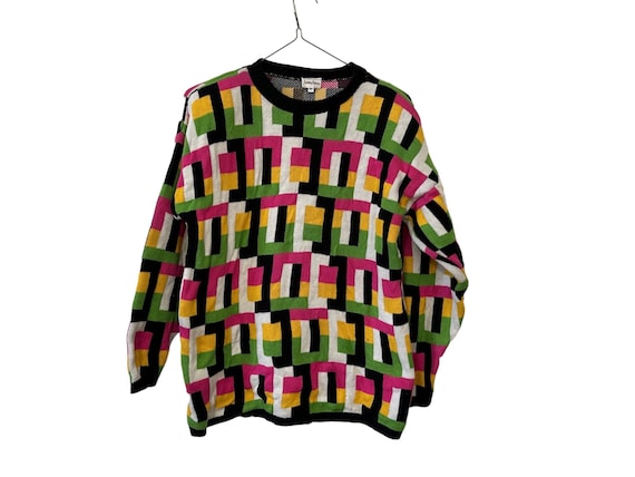 Neiman Marcus Women's Color Block Sweater | Pink Yellow Green Black White | Size Medium