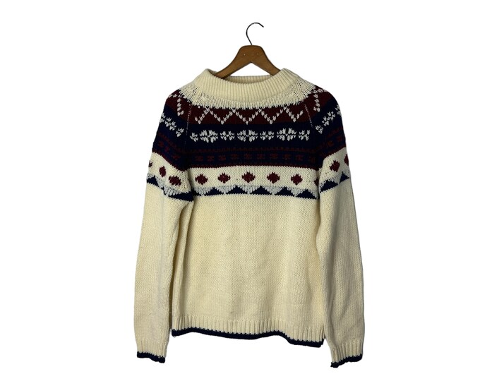 70s Vintage Ski Sweater Pullover Off-White Navy Blue Burgundy Acrylic Knit Unisex Adult Medium