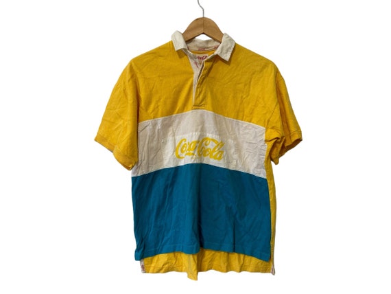 Vintage 90's Coca Cola Brand Striped Polo Shirt Yellow White Blue Coke Soda Size Large