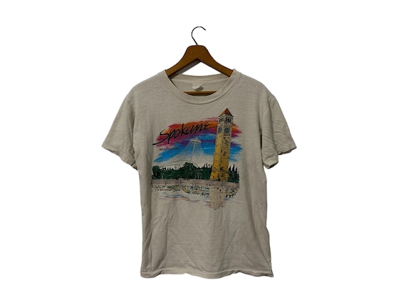 80's Spokane Washington Great Northern Clocktower Short Sleeve Vintage T Shirt Beige Unisex Medium