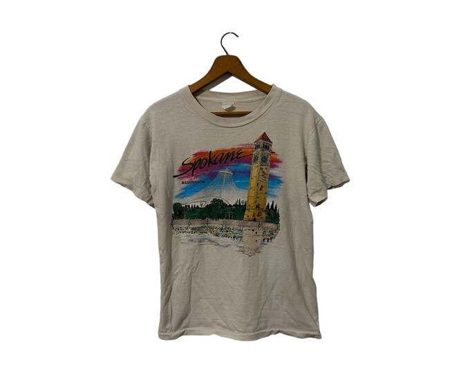 80's Spokane Washington Great Northern Clocktower Short Sleeve Vintage T Shirt Beige Unisex Medium