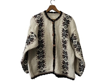 Vintage Black & Cream Thick Wool Cardigan Sweater Snowflake Pattern Wood Buttons Sweater for Women