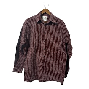 Vintage Mens Button Down Shirt Burgundy with Gray Vertical Lines and Dot Pattern Longsleeve Shirt with Pocket Men&#39;s Medium