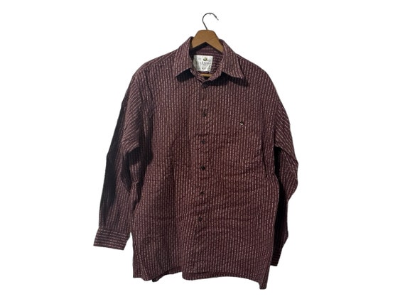 Vintage Mens Button Down Shirt Burgundy with Gray Vertical Lines and Dot Pattern Longsleeve Shirt with Pocket Men's Medium