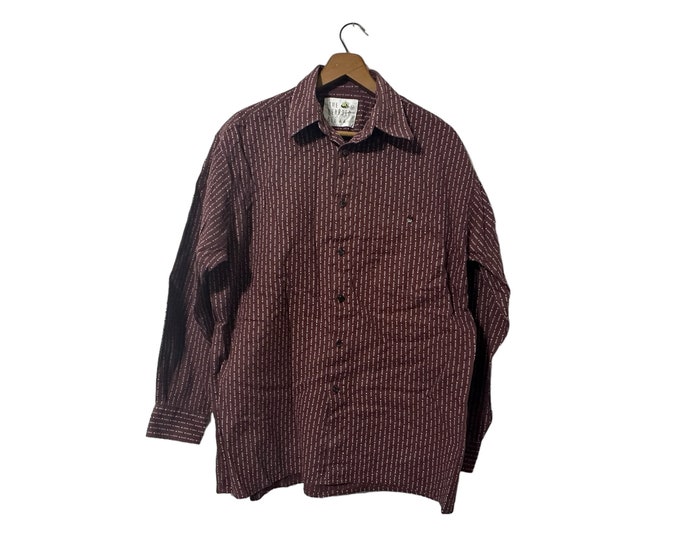 Vintage Mens Button Down Shirt Burgundy with Gray Vertical Lines and Dot Pattern Longsleeve Shirt with Pocket Men's Medium