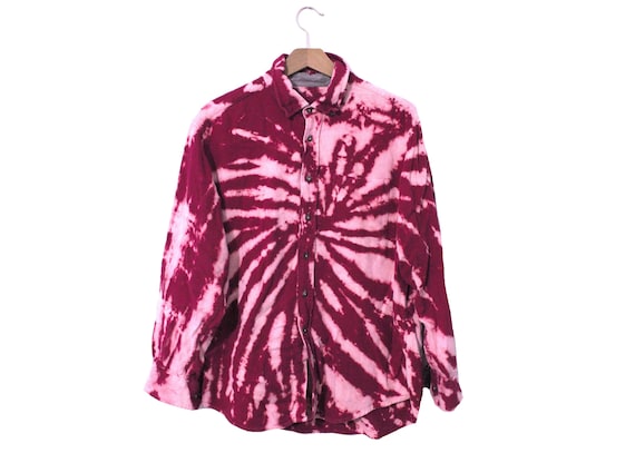 Pink Reverse Tie-Dyed Bleached Flannel Unisex Size Medium Valentine Pink Grunge Long Sleeve Shirt