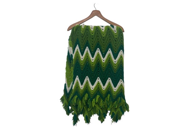 Vintage Chevron Knitted Throw Blanket with Tassels Green White Pattern Handmade Sofa Throw