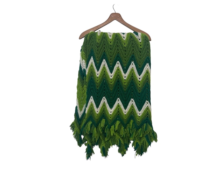 Vintage Chevron Knitted Throw Blanket with Tassels Green White Pattern Handmade Sofa Throw