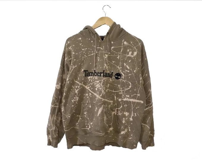 Bleached Timberland Hoodie Vintage Sweatshirt Embroidered Logo Distressed Tan Khaki White Bleach Splatter Distressed Unisex Medium
