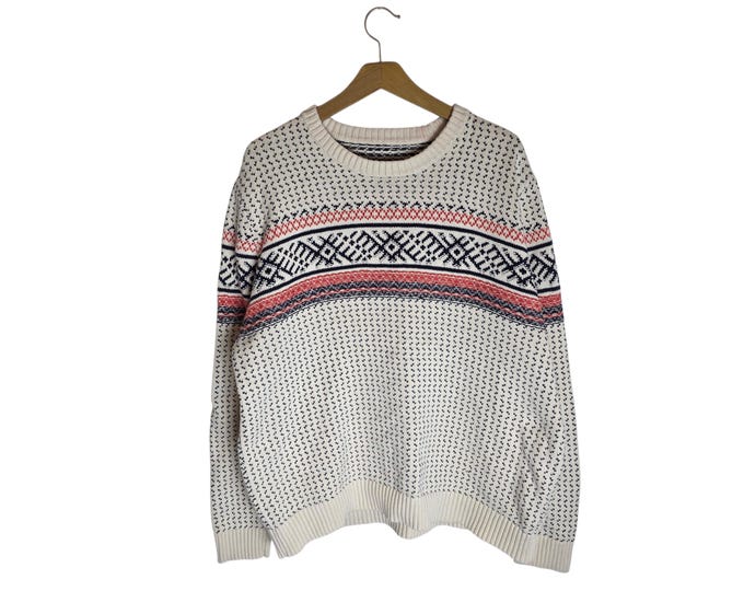 Cotton Fair Isle Nordic Knit Pullover Sweater Off White Orange Dark Navy Unisex Size Large