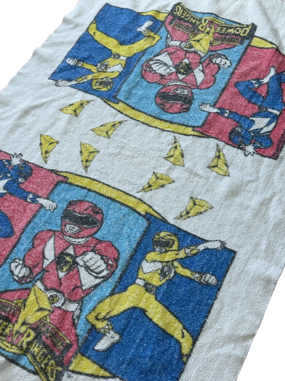 Early 90's Vintage Power Rangers Graphic Beach Towel White with Multicolor Mighty Morphin Power Ranger Graphics Made in USA One Size