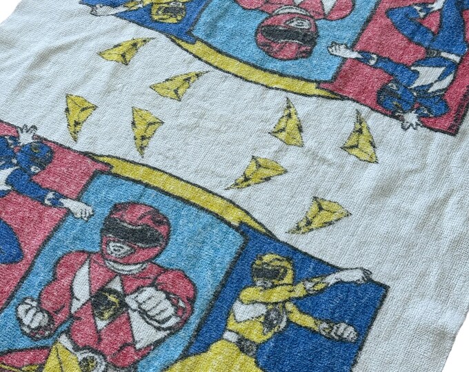 Early 90's Vintage Power Rangers Graphic Beach Towel White with Multicolor Mighty Morphin Power Ranger Graphics Made in USA One Size