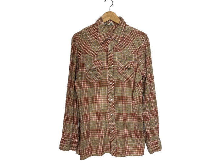 Vintage 70's 80's Western Plaid Flannel Shirt Long Sleeve Button Down Beige White Orange Pearl Snap Buttons Levi's Sportswear Size Medium