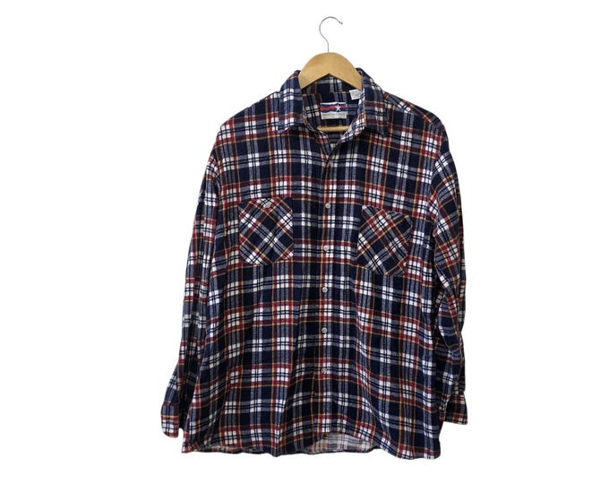American Edition Vintage 80s Flannel Shirt Navy Burgundy White Yellow Plaid Front Pockets 100% Cotton Button Down Men's Large - damaged