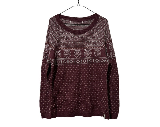 Woolrich Owl Fair Isle Sweater Maroon Gray Womens Large