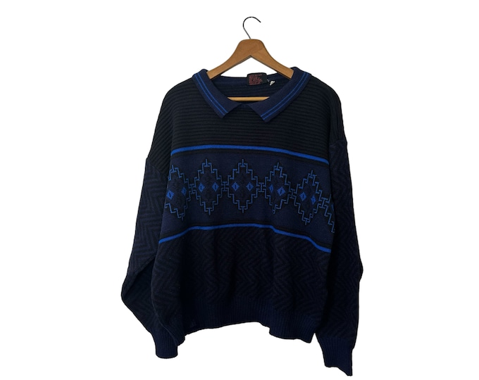 Vintage Playboy Geometric Pattern Black and Electric Blue Knit Pullover Sweater Long Sleeve Collared Men's XL