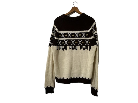 70's Knit Ski Sweater Brown and White Vintage Acrylic Pullover Neutral Colors Unisex Large