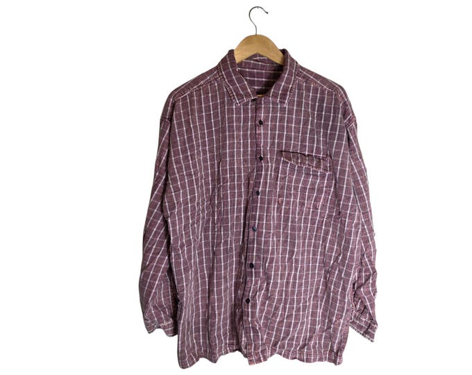 Acid Washed 90s Plaid Flannel Shirt, Burgundy White Green Oversized Button Up Long Sleeve Grunge Cotton Shirt Size XL