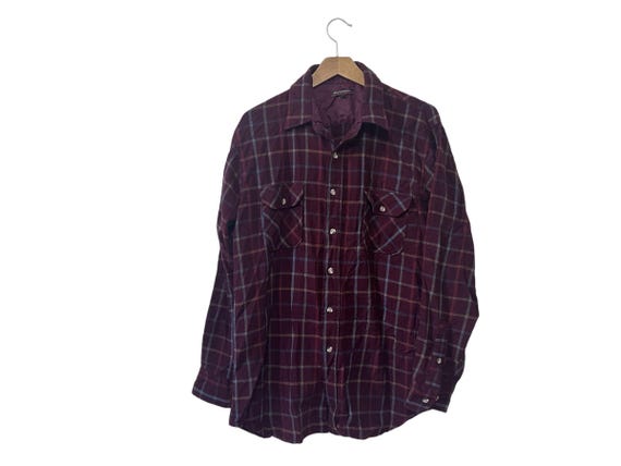Burgundy Plaid Mens Long Sleeve Shirt Pure Virgin Wool Flannel Size Large - minor damage