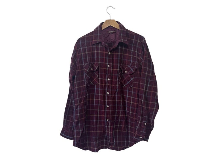 Burgundy Plaid Mens Long Sleeve Shirt Pure Virgin Wool Flannel Size Large - minor damage