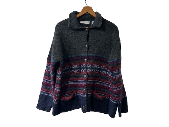 Vintage Valerie Stevens Sport 100% Hand Knitted Wool Fair Isle Collared Cardigan Navy & Gray Blue Button Sweater with Pockets Womens Large