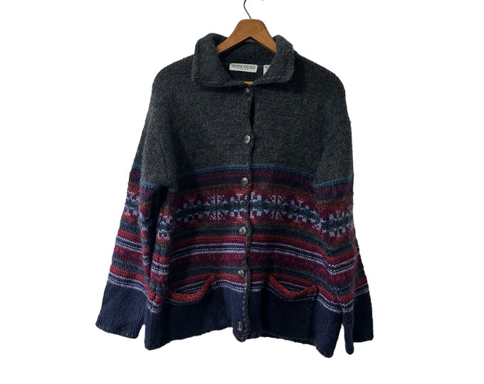 Vintage Valerie Stevens Sport 100% Hand Knitted Wool Fair Isle Collared Cardigan Navy & Gray Blue Button Sweater with Pockets Womens Large